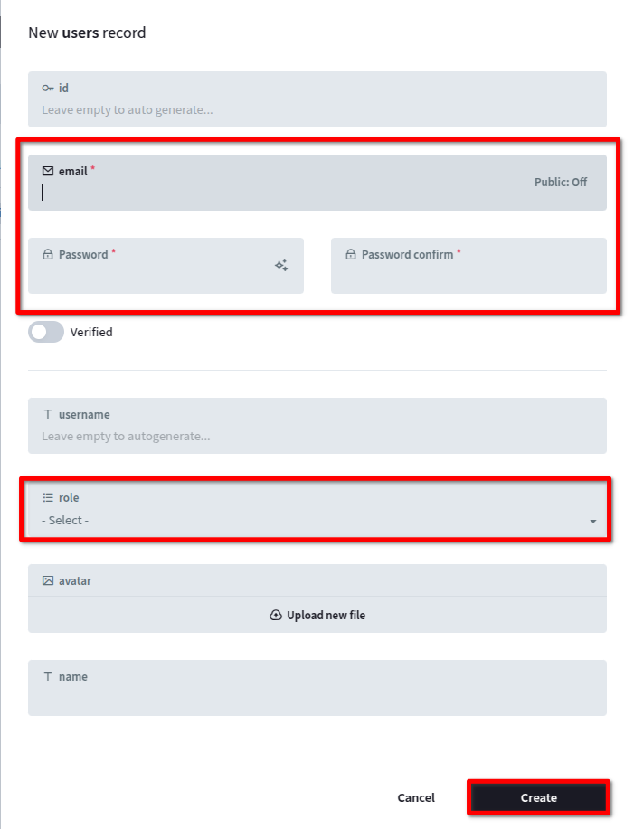 Preencha os campos obrigatórios (e-mail, senha, função) selecione o perfil de permissão e depois clique em "Create":