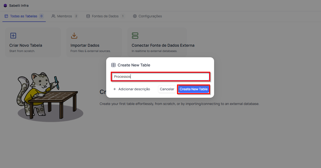 Nomeando Tabela recém criada NocoDB
