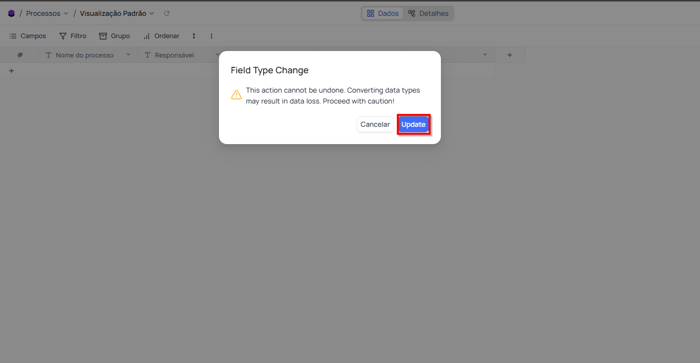 Clicar no botão "Update" NocoDB