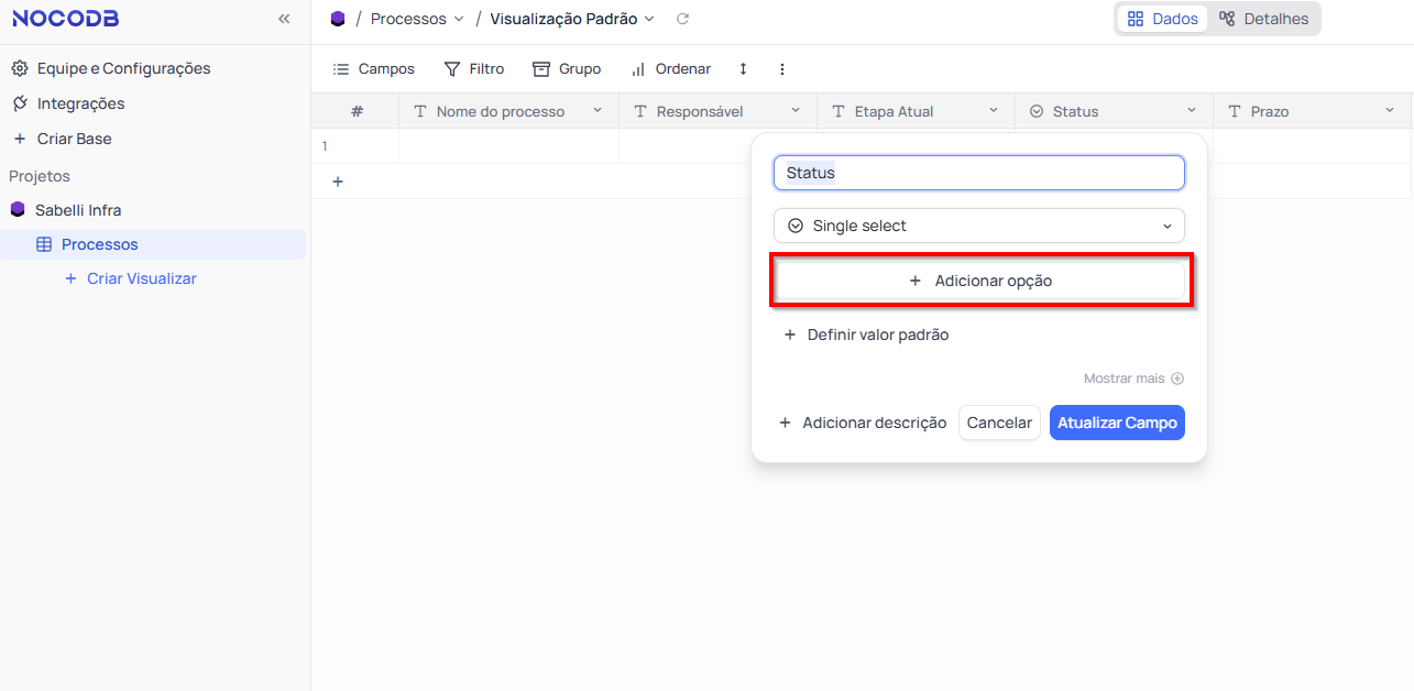 Adicionar opção NocoDB