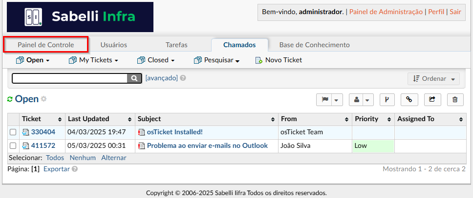 Painel de controle Osticket