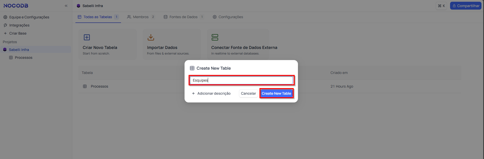 crie uma tabela chamada "Equipes" NocoDB