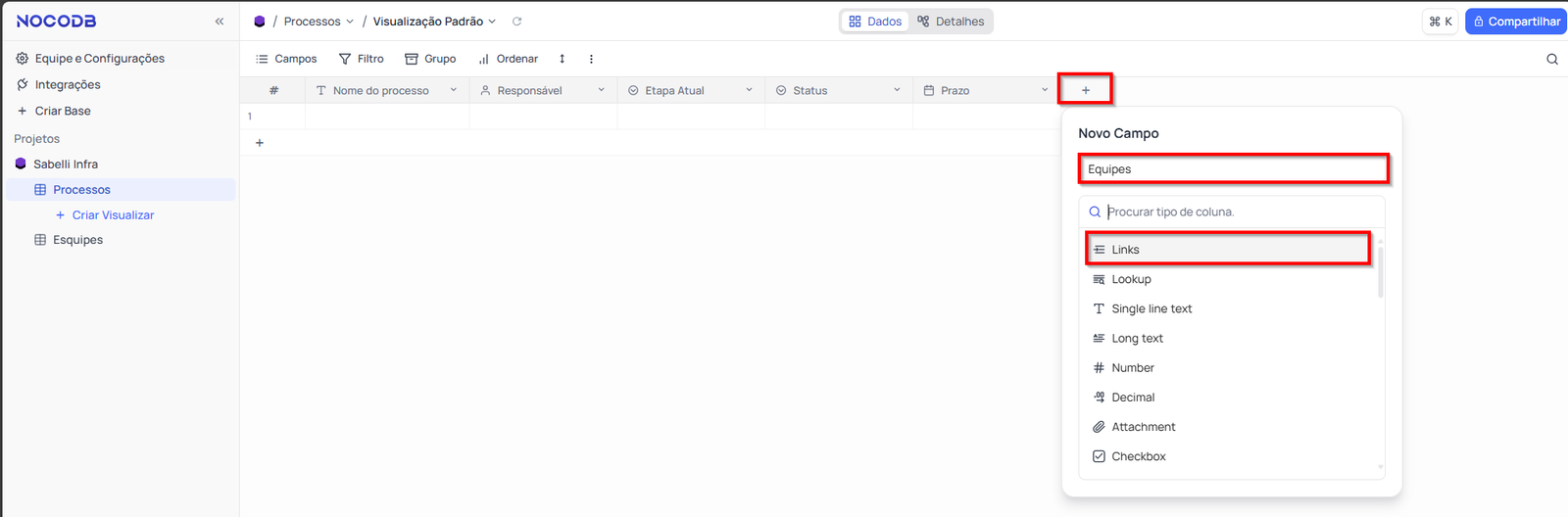 adicione uma nova coluna do tipo "Relação" NocoDB