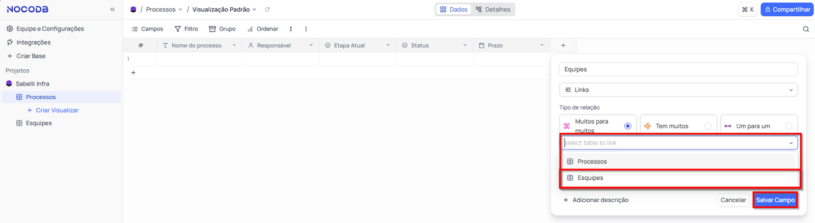 selecione "Equipes" como a tabela relacionada NocoDB