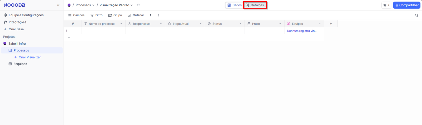 Acesse a tabela "Processos" e clique em "Detalhes na parte superior" NocoDB