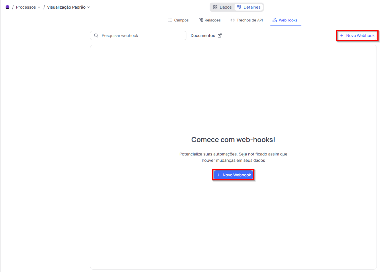 clique em "Novo Webhook" NocoDB