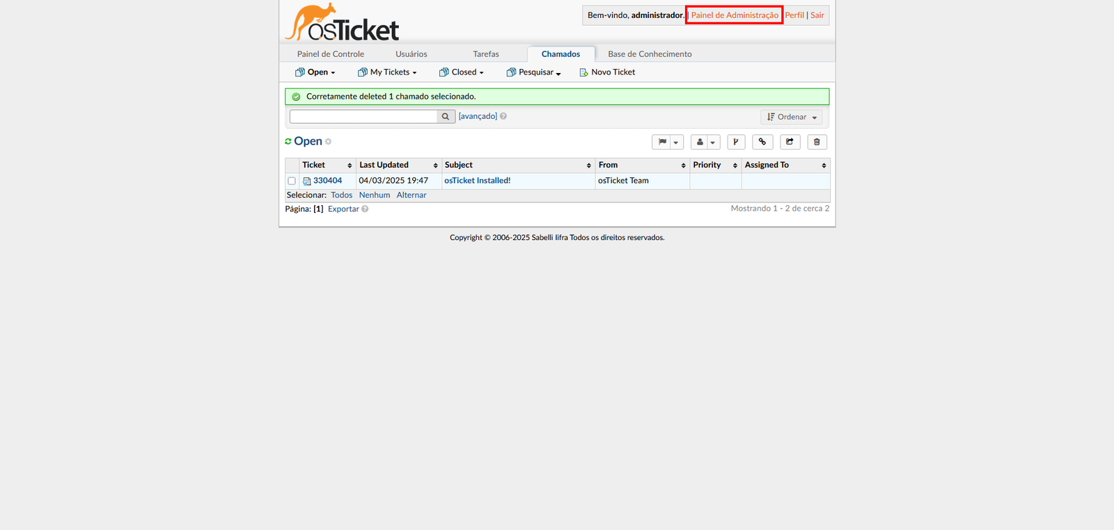 Painel de administração osTicket