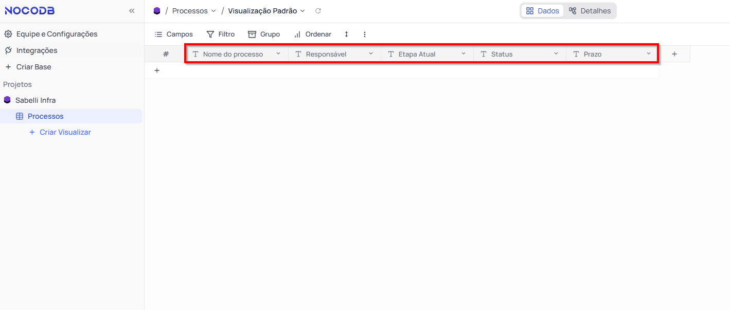 Adicionando colunas como "Nome do Processo", "Responsável", "Etapa Atual", "Status" e "Prazo" no NocoDB