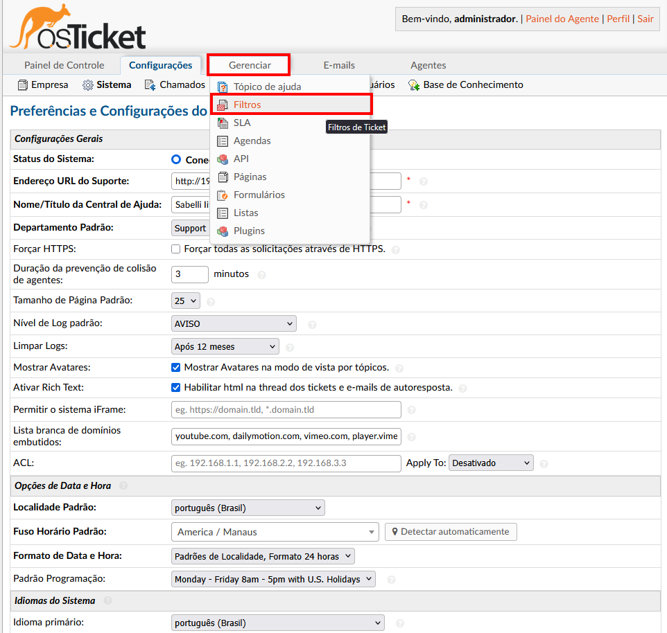 Gerenciar Filtros Osticket