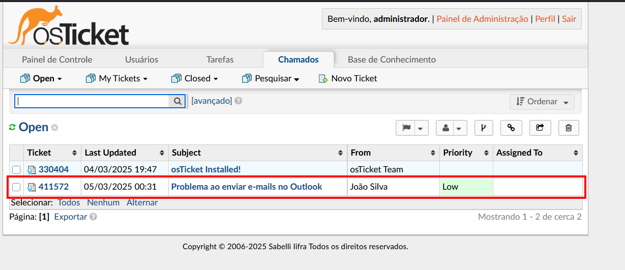 Lista de chamados abertos