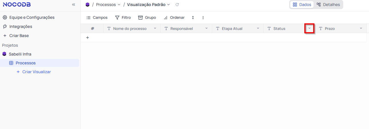 Alterando tipo de dados do campo, Seta a direita NocoDB