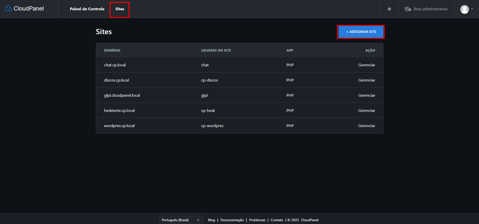 Adicionando Sites Cloud Panel