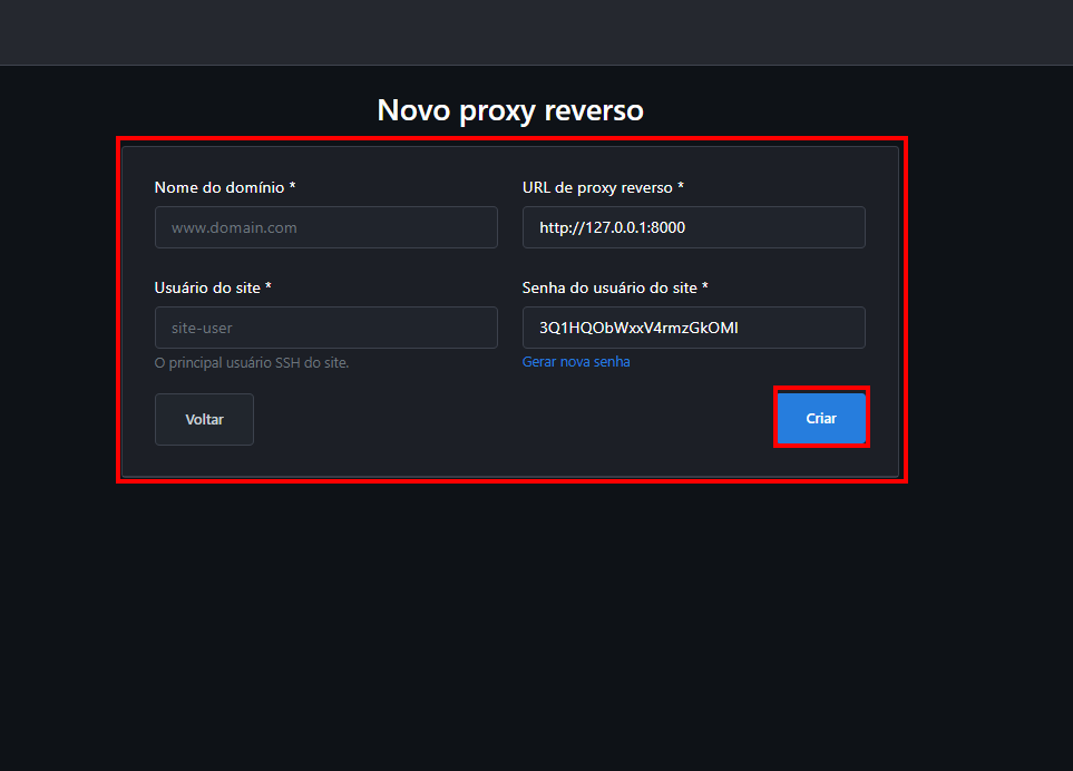 Dados de um proxy reverso no Cloud Panel