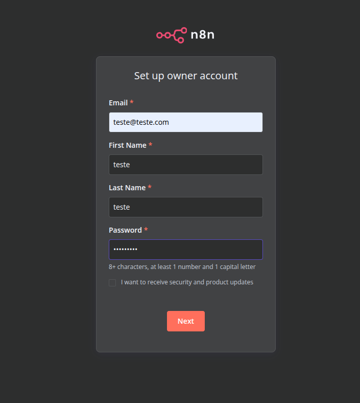 N8N cadastro do usuário admin inicial