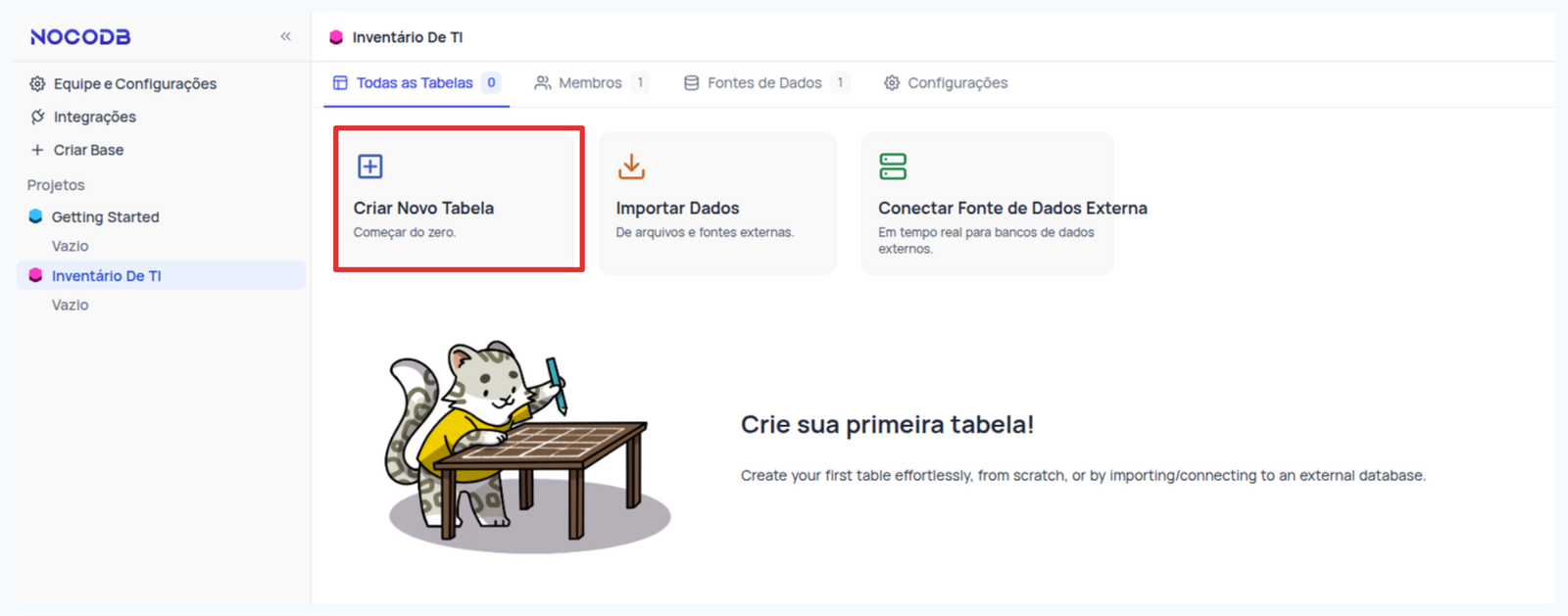 Acesse seu Projeto no NocoDB e Clique em "Nova Tabela"