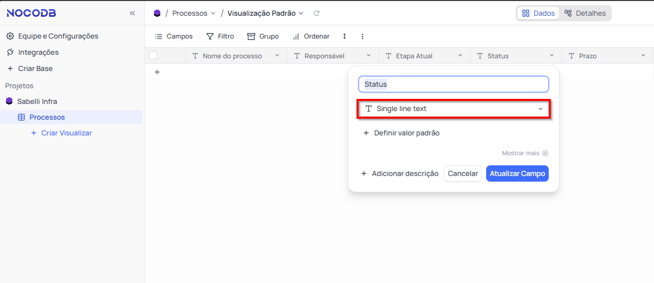 Clicando no tipo atual de dado do campo NocoDb