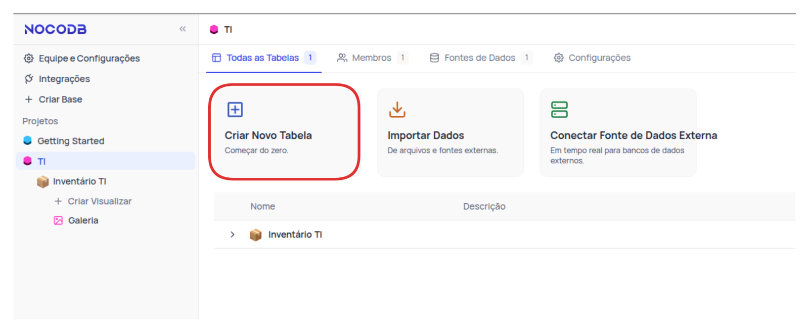 Nova Tabela - NocoDB