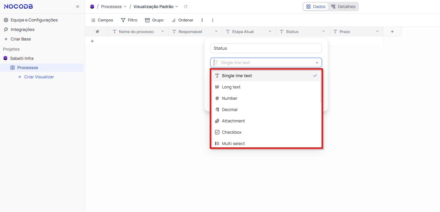  Lista suspensa com todos os tipos de dados disponíveis para alteração NocoDB