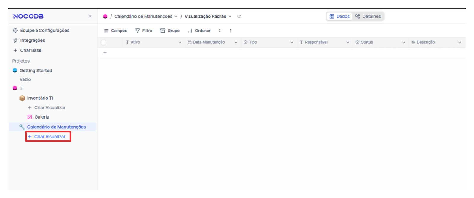  Clique em “Criar Visualizar” para criar uma nova visualização