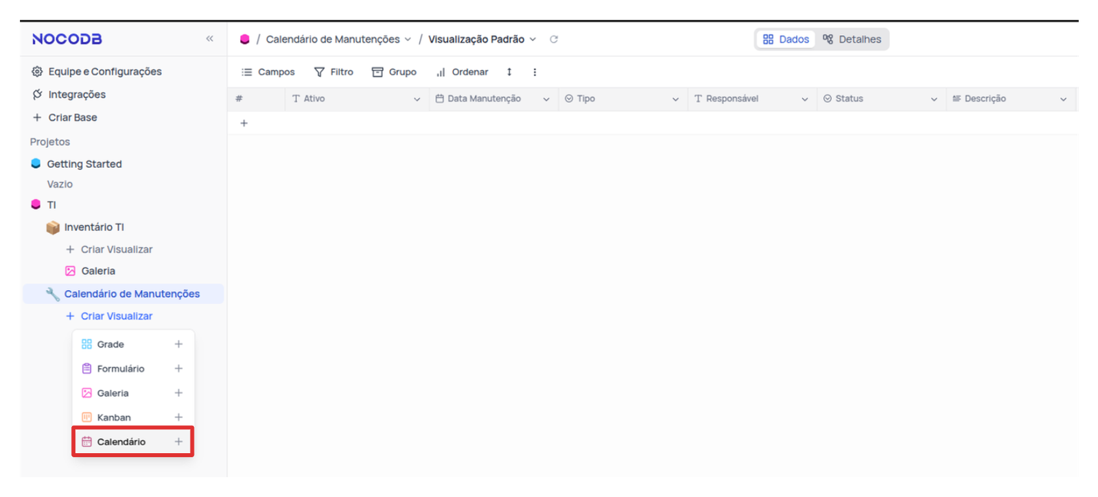 Criando a Visualização Calendário NocoDB