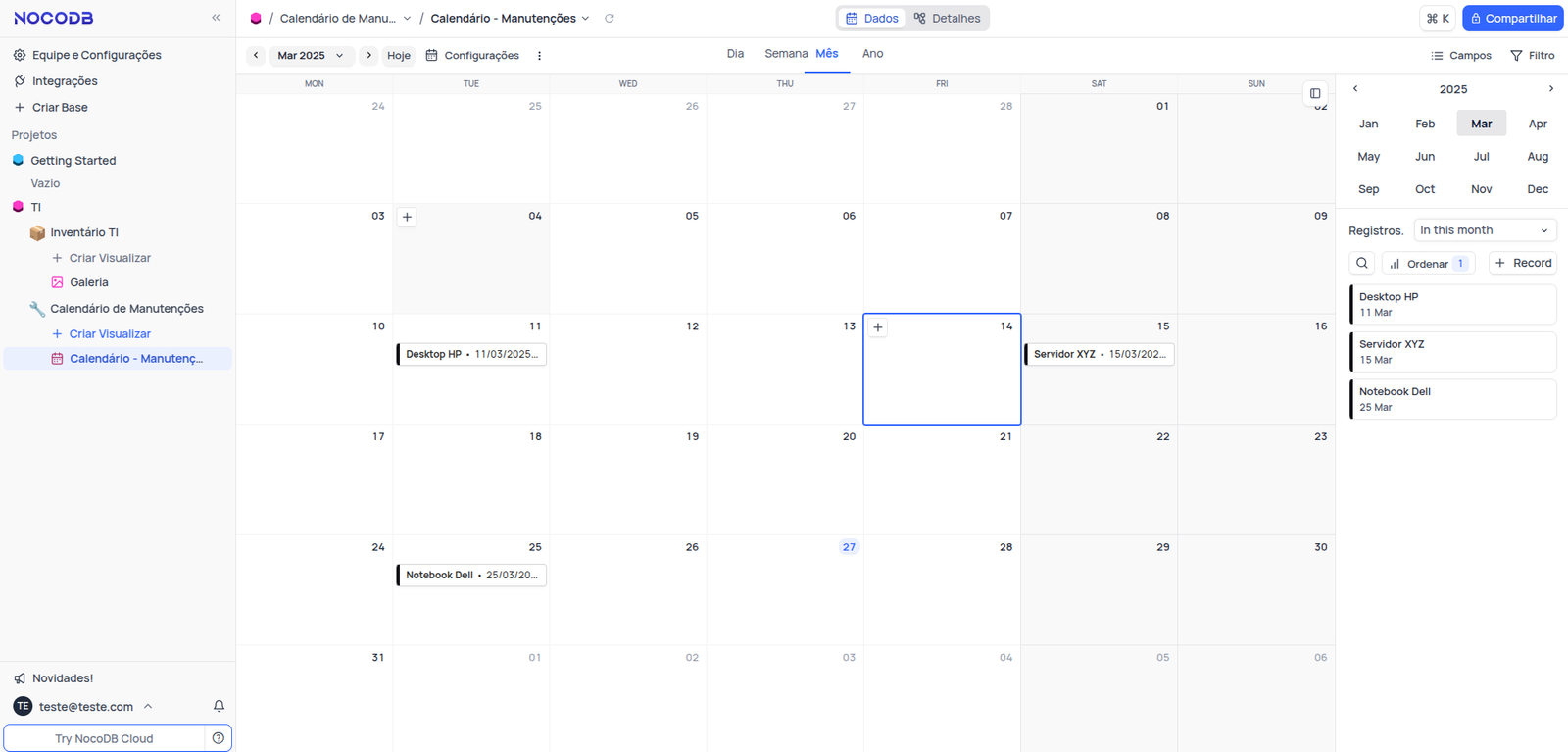 Visão Geral do Calendário NocoDB
