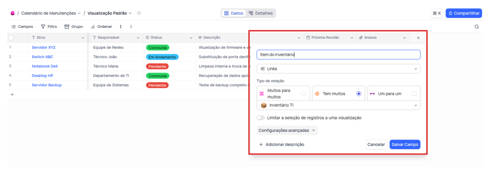 Criando campo de linka ara relação entre tabelas NocoDB