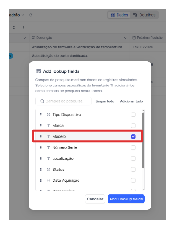 Selecionando Campos de Lookup  NocoDB
