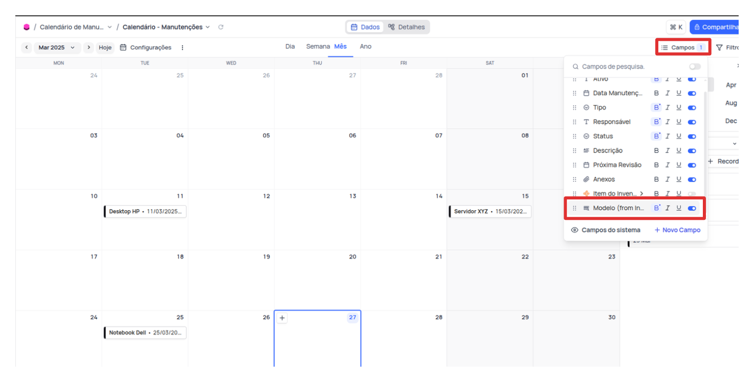 Acionando campos na visualização de calendário - NocoDB