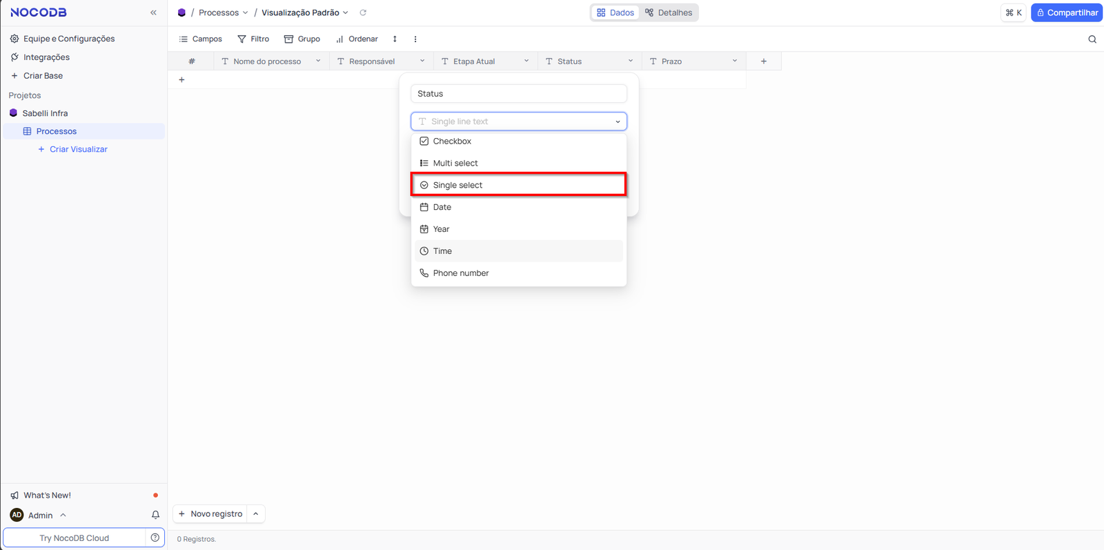 Alterar o tipo do campo "Status" de "Sengle line Text" para "Single Select" NocoDB