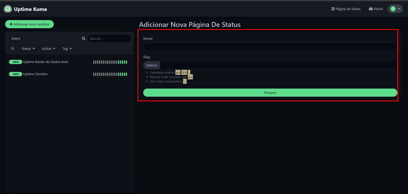 Informações da página de Status
